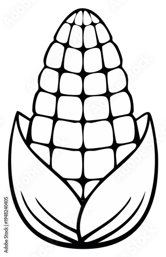 Black and white illustration of a corn cob with husk, graphic design.