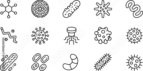 Microorganism icon set, bacteria virus line symbols, microbiology germ outline collection, medical pathogen vector icons, science biology
