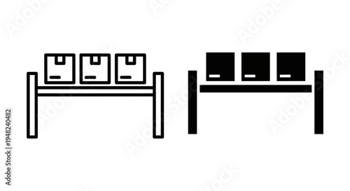 A simple black and white illustration of two tables with folders on them