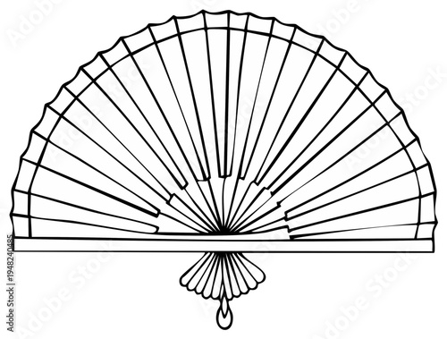 Elegant folding fan outline with radiating pleats and decorative handle for cooling or artistic expression