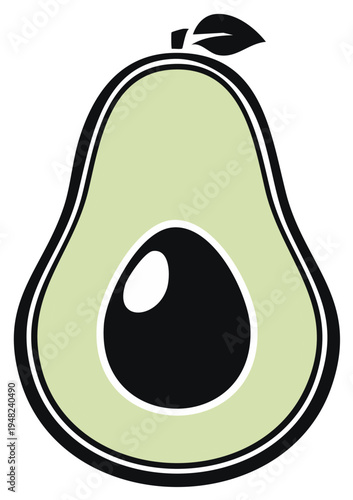 Elegant halved avocado illustration with pit showing, vibrant organic fruit with outline, and single leaf at stem