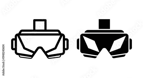A pair of virtual reality goggles in black and white on a plain background