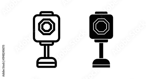 A black and white illustration of two camera icons on a plain background