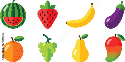 Set of colorful fruit and vegetable icons including watermelon strawberry and eggplant
