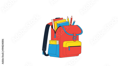 Bright red school backpack filled with colorful textbooks, pencils, and pens ready for a new academic year of learning and discovery.