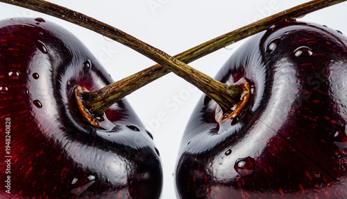 Closeup of two fresh ripe red cherries with intertwined stems and water droplets.