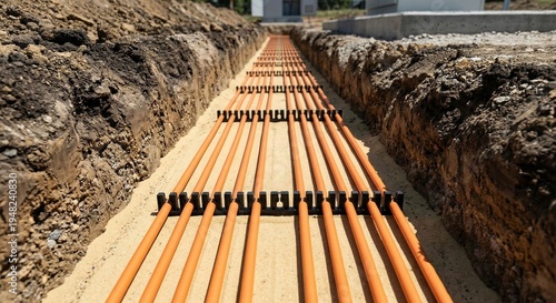 Underground installation of multiple high voltage power cables in trench with plastic spacers
