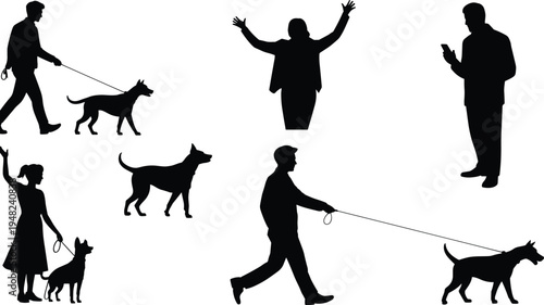 Silhouette people walking dogs, pet companionship, everyday lifestyle, leash motion, outdoor activity, human figure, canine art, interaction design, movement illustration