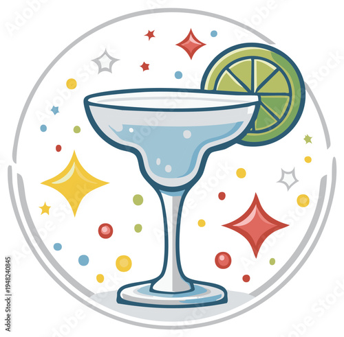 Illustration of a margarita cocktail drink with lime garnish surrounded by colorful stars in a stylized vector drawing