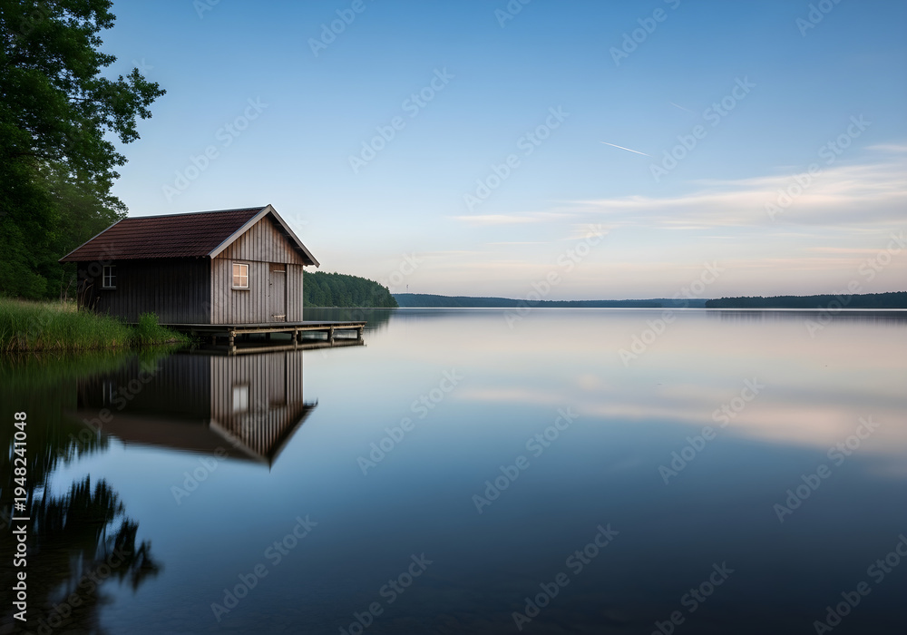 Fototapeta premium Tranquil wooden boathouse reflecting on the still surface of a serene lake at dusk with a clear blue sky above