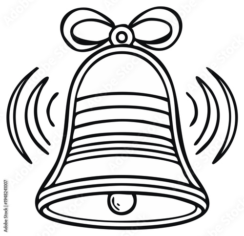 Cartoon bell ringing with bow isolated outline, symbol