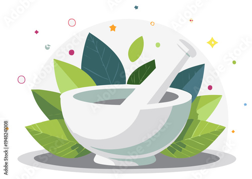 Herbalist Mortar and Pestle with Green Leaves and Abstract Shapes Illustration