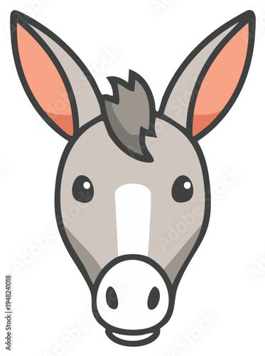 Cute Donkey Face Illustration Cartoon Style Head Shot with Long Ears and Muzzle Gray and White Fur