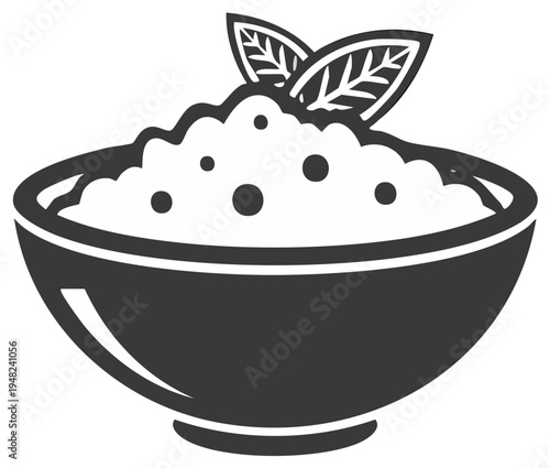 Illustration of a bowl of rice with mint leaves garnish a simple graphic food representation