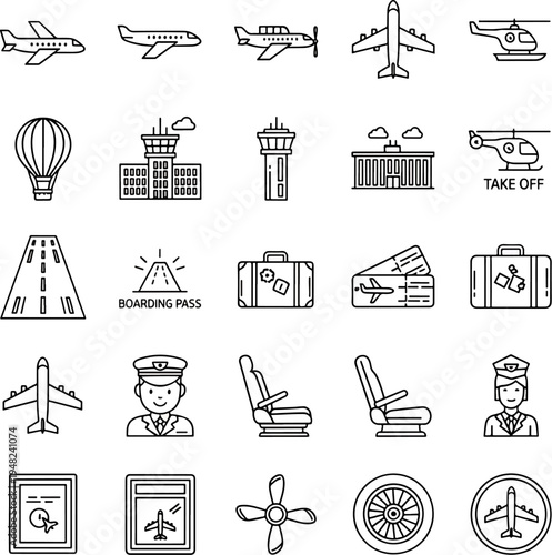Collection of aviation and travel icons including airplanes, helicopters, airport buildings, boarding passes, and luggage