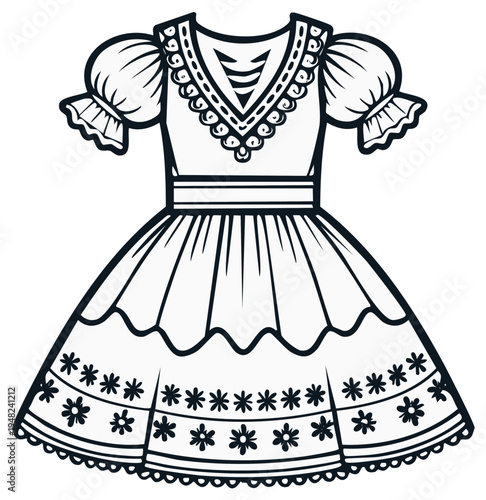 Outlined illustration of a vintage style dress with puff sleeves and decorative patterns.