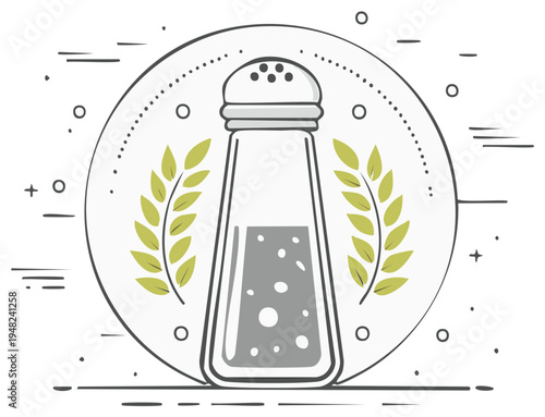 Stylized salt shaker with laurel wreath and abstract circular design elements