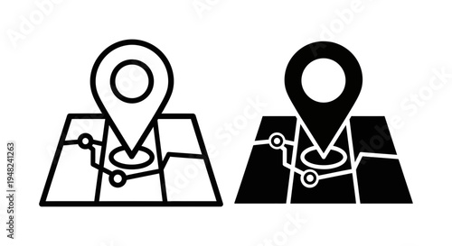 A black and white illustration of two map icons with location pins and routes on a clean background