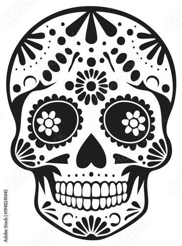Ornate Black and White Sugar Skull Illustration with Floral and Geometric Patterns