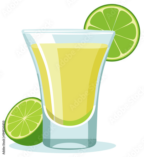 Refreshing lime flavored shot drink in glass with citrus fruit slices illustration