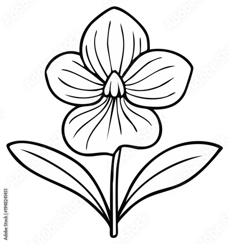 Simple black and white illustration of a pansy flower with leaves