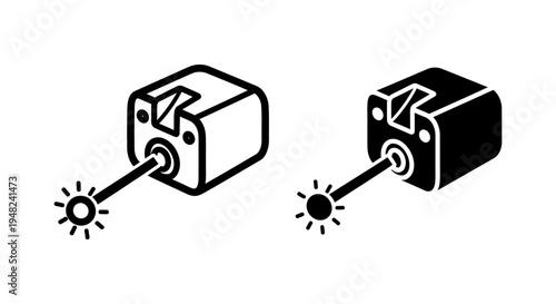 A simple black and white illustration of two cube-shaped objects with light sources