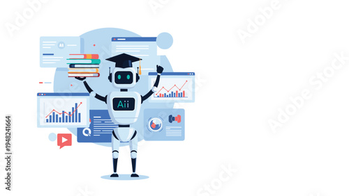 Intelligent robot wearing a graduation cap holding books and surrounded by data charts and educational icons for AI machine learning.