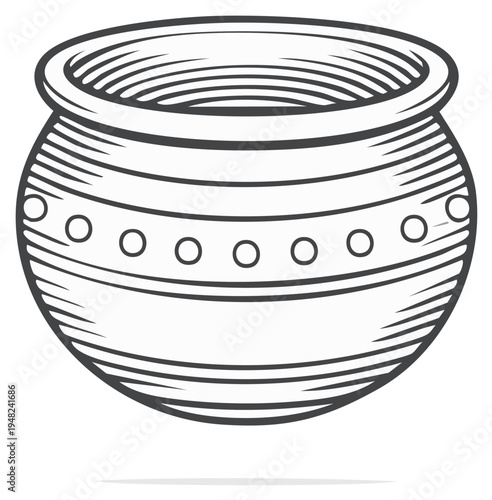 Outlined vintage earthenware pot sketch, decorative details, isolated element.