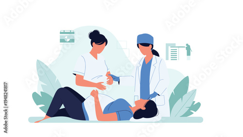 Medical professionals in white coats and scrubs provide dedicated care to a pregnant woman lying down in a modern maternity clinic.