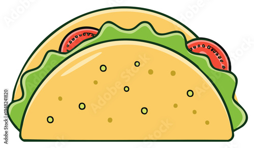 Colorful cartoon taco illustration with fresh lettuce and tomato inside a crispy shell