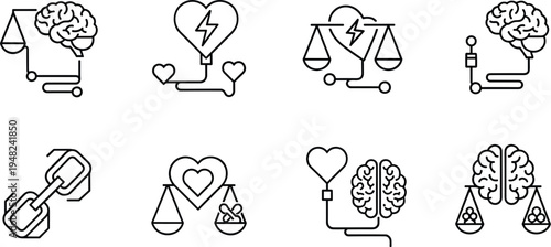 Set of mental health and logic vs emotion icons, collection of brain and heart balance symbols with scales and connections line art vector illustration