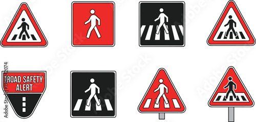 Set of pedestrian crossing and road safety signs, collection of zebra crossing alert icons and walking person traffic symbols flat vector illustration