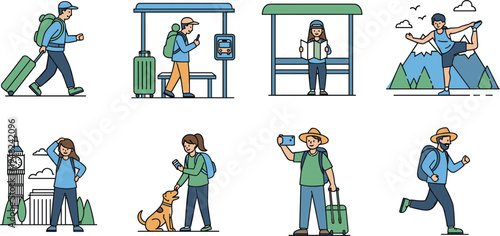 Set of people traveling and vacation concept, collection of tourists with luggage, backpacks at bus stop and sightseeing flat vector illustration