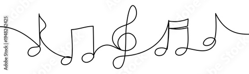 Continuous line vector illustration of music notes isolated on transparent background. Minimalist one line drawing concept of music, sound, melody and creative design