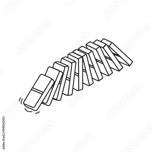 Isometric line art illustration of falling dominoes causing a chain reaction
