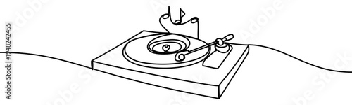 Continuous line vector illustration of a vinyl record player with turntable and tonearm isolated on transparent background. Minimalist one line drawing of retro music playback device