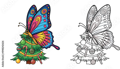 Beautiful butterfly perched on a decorated Christmas tree coloring page illustration color and black outline