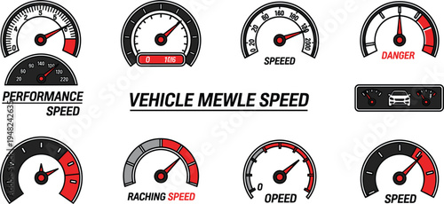 Speedometer Gauge Collection with Vehicle Speed Indicators, Performance Meter, Danger Zone Dial and Automotive Dashboard Vector Illustration