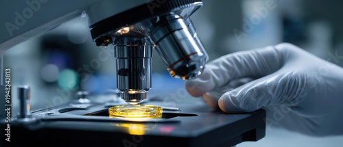 The Microscope Illuminated Over a Petri Dish During Laboratory Research and Analysis