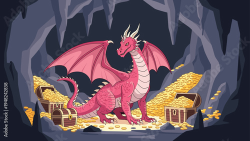Mighty pink dragon standing over piles of gold coins and treasure chests inside a dark cavern with stalactites for fantasy game concepts.