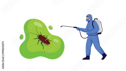Professional exterminator in a blue protective suit and mask spraying pesticide on a large cockroach trapped in green toxic slime.