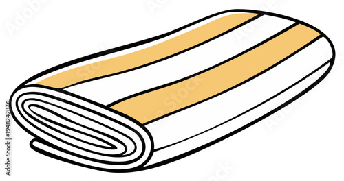 Rolled Beach Towel With White and Yellow Stripes Isolated on White Background