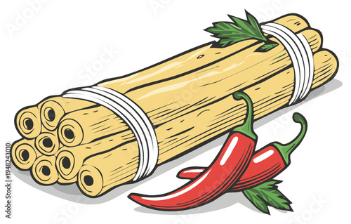 Hand-drawn pasta bundle illustration with red chili peppers, offering an artistic and appetizing culinary design element.