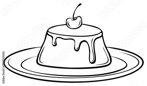 Simple Outline Drawing of a Delicious Pudding with Cherry Topping on a Plate