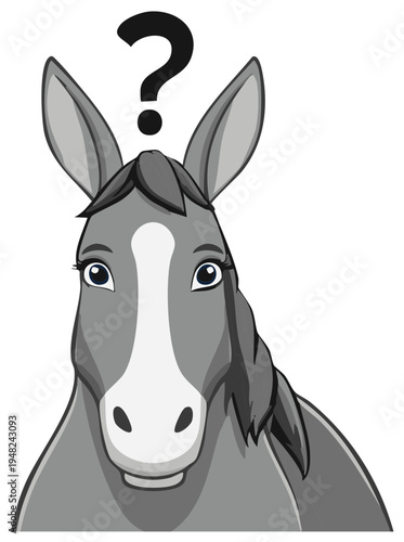 Cartoon Donkey with Question Mark Illustration Depicting Confusion or Inquiry on a White Background