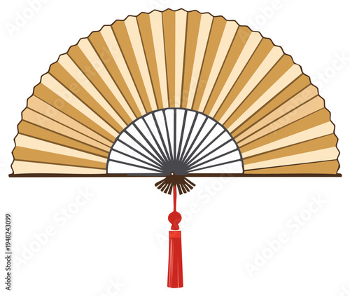 Illustration of a traditional Asian paper hand fan with red tassel