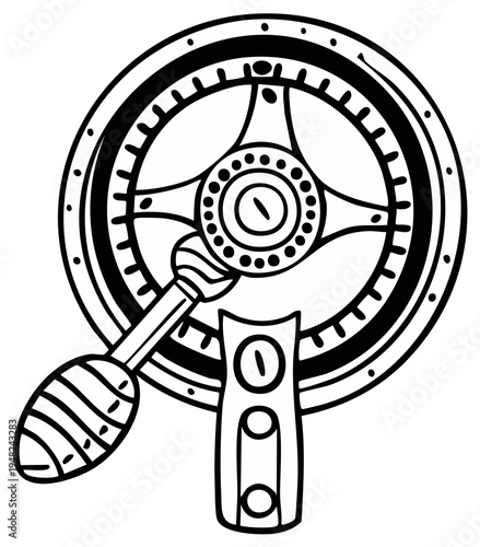 Vintage hand crank mechanism with a detailed gear and handle in a stylized outline drawing