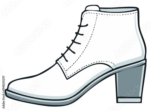 White Lace Up Ankle Boot with Chunky Heel and Outline Style