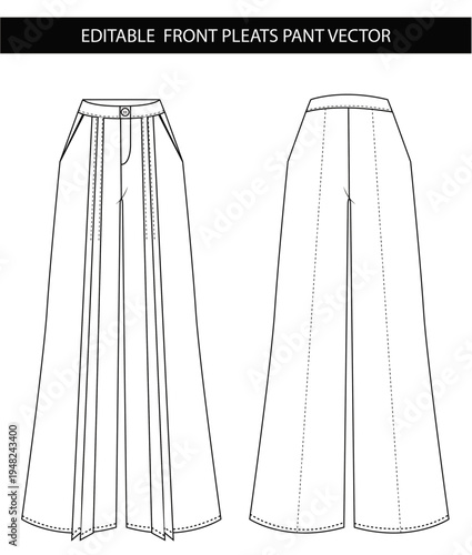 Front Pleat Wide Leg Pant Technical Fashion Vector Editable Flat Sketch Trousers Template Apparel CAD Outline with Waistband Pocket Fly Garment Blueprint for Designers Fashion Students and Apparel
