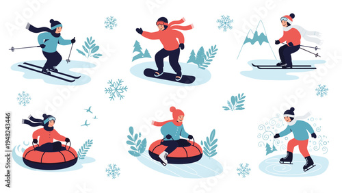 Collection of people enjoying various winter outdoor activities including skiing, snowboarding, tubing, and ice skating in the deep snow.